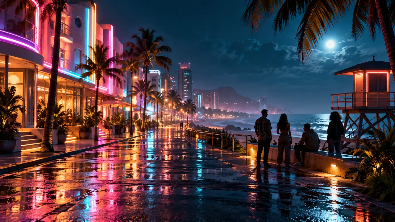 Fictional neon-lit coastal promenade at night with four friends