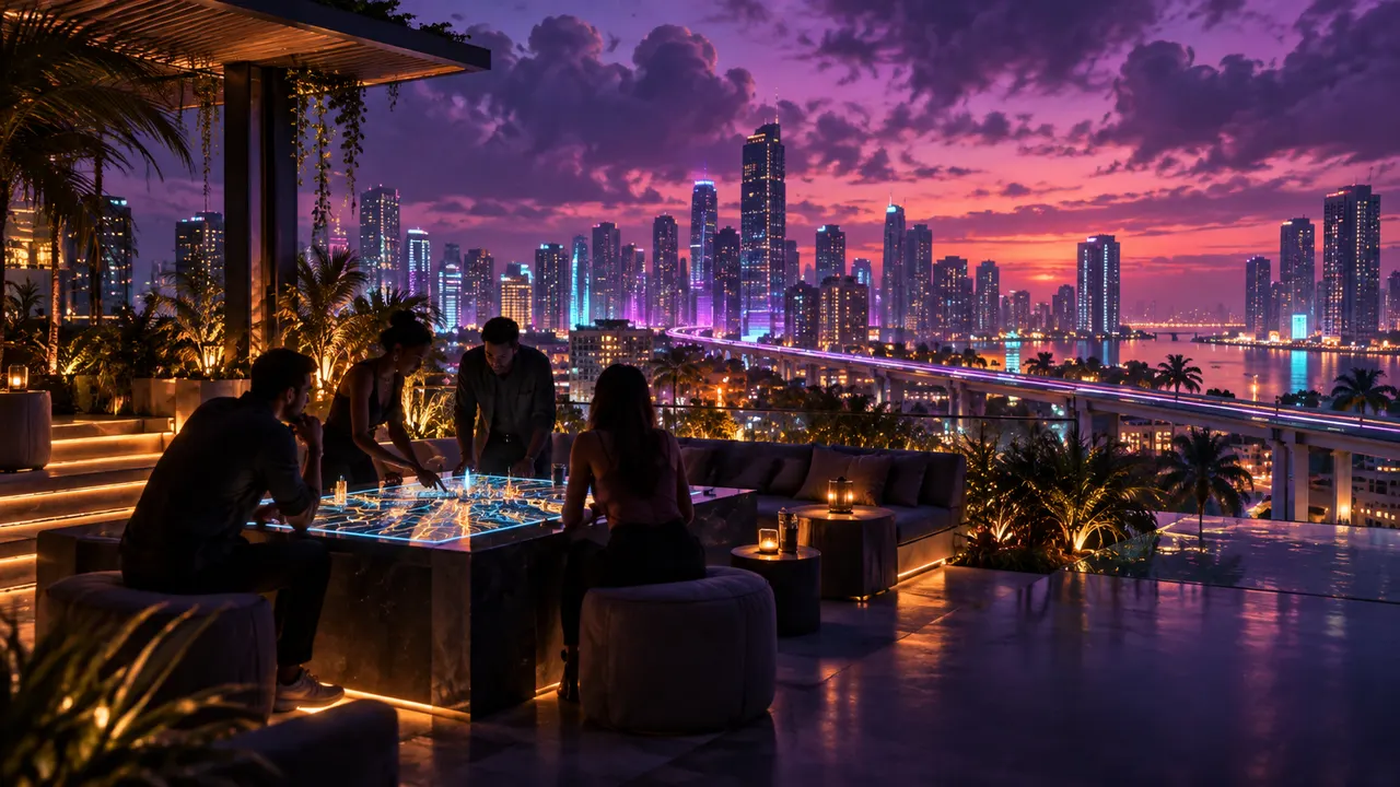 Fictional rooftop crew planning together above a violet city skyline